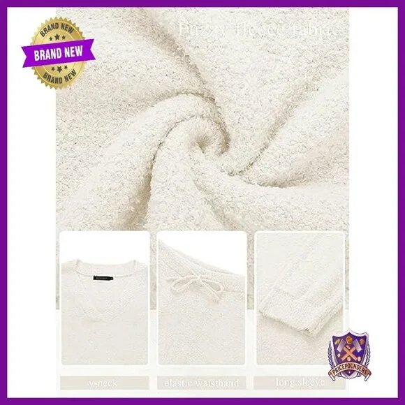 Fuzzy Fleece Loungewear Set V-Neck Sweater Wide Leg Pants Winter - Picture 7 of 8